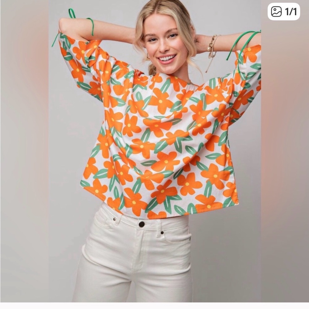 Anthropologie Easel Vibrant Orange and Green Floral Blouse